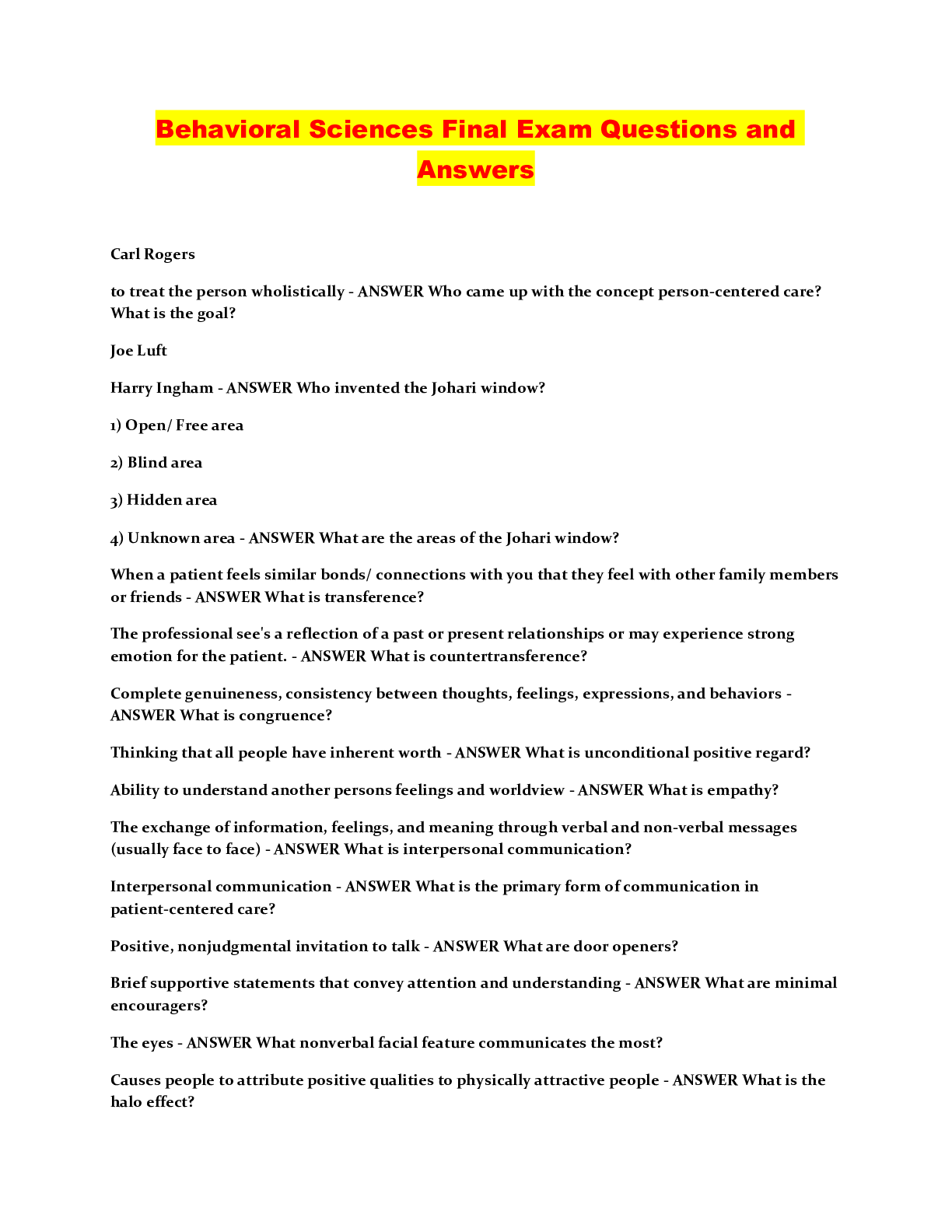 Preview image of Behavioral Sciences Final Exam Questions and Answers document